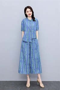 时髦洋气天丝牛仔套装女2025年夏装韩版条纹气质坠感阔腿裤两件套图片