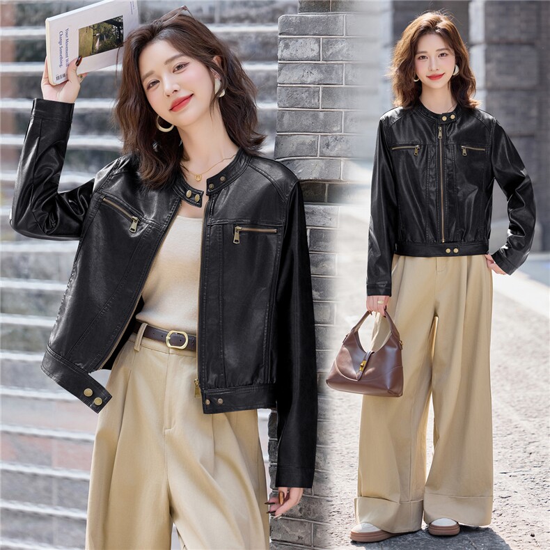 新品现货设计感皮衣外套女短款百搭皮夹克1C115-8111-P120-K228,女装皮衣,吾爱衣