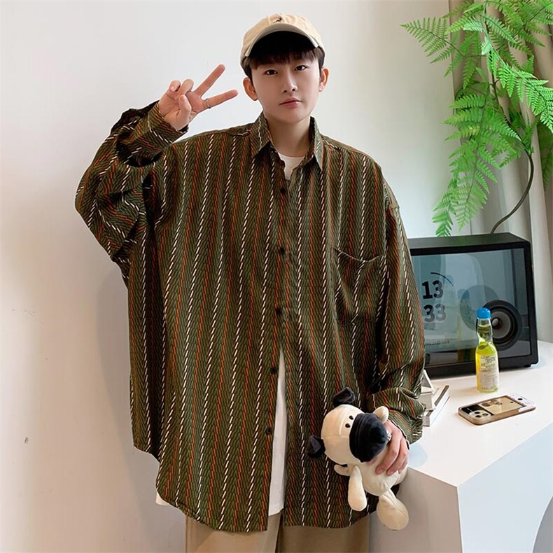 长袖条纹衬衫男休闲潮牌港风日系痞帅宽松潮流复古衬衣C32,男装衬衫,星座310B-1