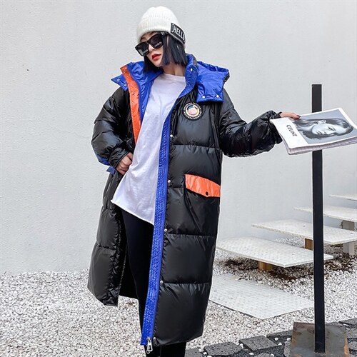 2022年冬季新款过膝撞色连帽韩版长款时尚洋气白鸭绒羽绒服,女装羽绒服,时尚俏佳人