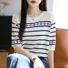 夏季莱赛尔天丝针织短袖T恤女圆领条纹拼色上衣宽松五分袖打底衫，女装T恤，昭美羊绒