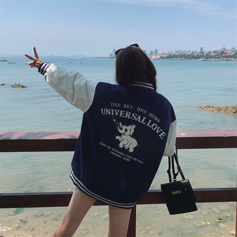 藏青色美式学院风拼接刺绣毛呢外套女秋冬新款小个子韩系棒球服，女装毛呢外套，帛香坊