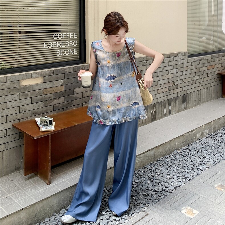 气质木耳边印花无袖上衣直筒裤套装女2025夏时尚松弛感炸街两件套,女装套装/套裙,2C159