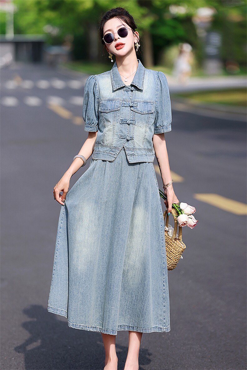 浪漫自由风~牛仔套装女2025气质时尚简约大方复古高腰A字两件套裙,女装套装/套裙,意芙
