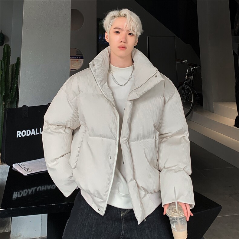 复古立领加厚白色棉服外套男冬季压皱设计小众宽松百搭棉衣MY98,男装棉衣,电商C307