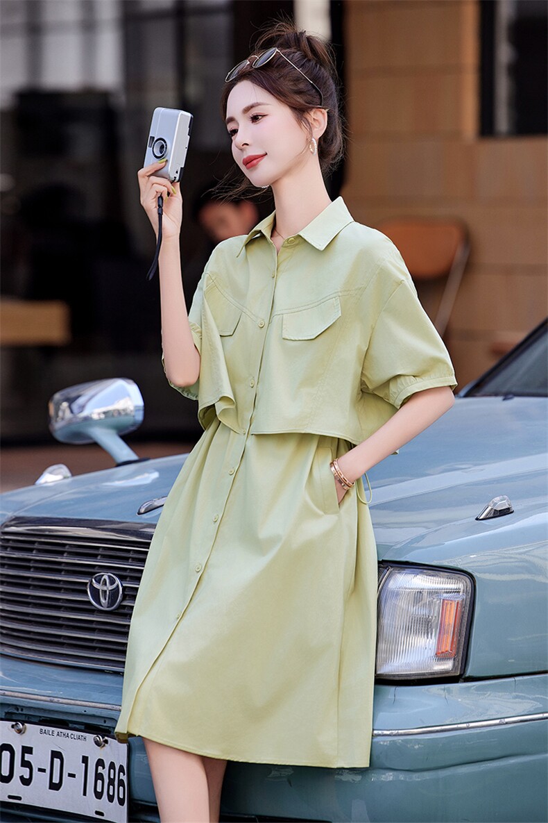 假两件绿色森系连衣裙女夏季2026新款小个子收腰高级感衬衫长裙子,女装连衣裙,红依一坊