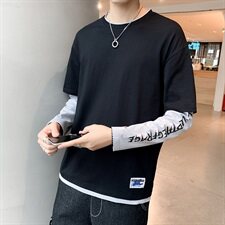 【】春秋新款纯棉T恤新款字母印花假两件长袖男DS453TP35，男装T恤，电商A102