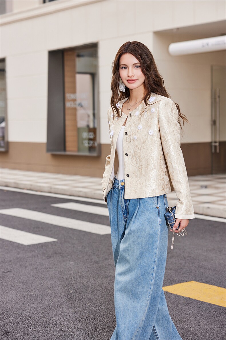 2025春转新款短袖宋锦提花短款法式手工钉珠短款外套,女装短外套,2C091