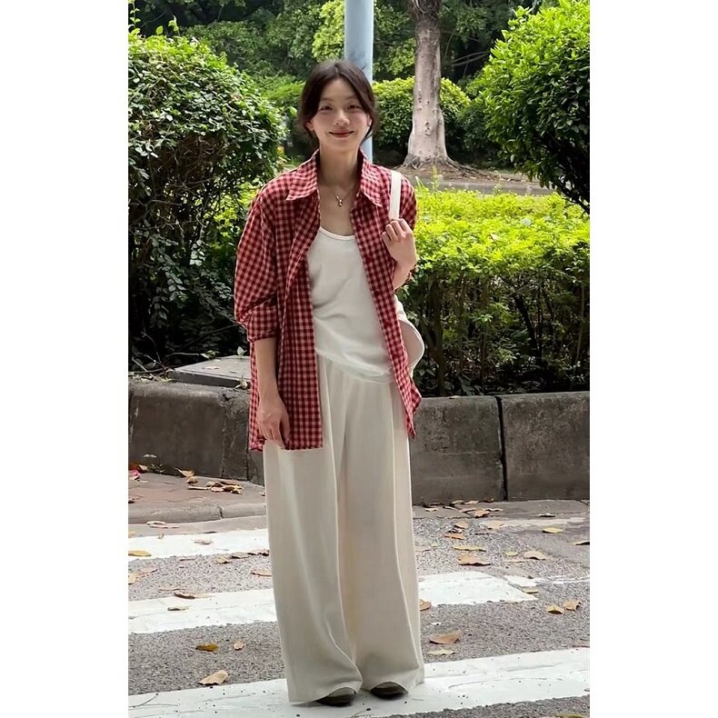 红色格子宽松衬衫女2025夏季翻领排扣外穿慵懒长袖上衣CS359,男装衬衫,星座1116A（原606A-3）