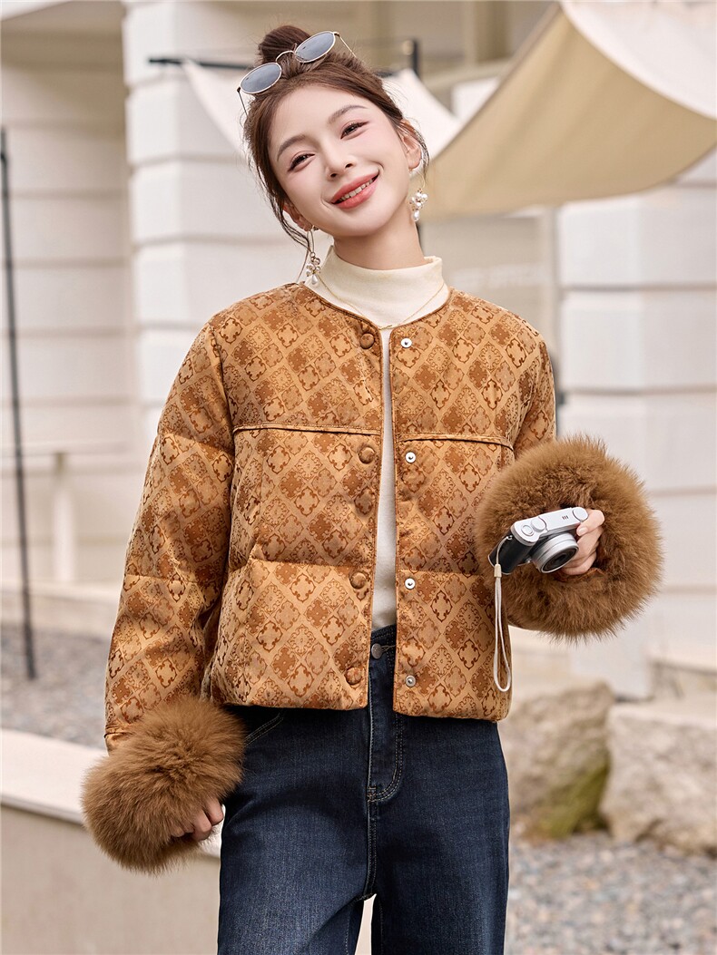 新中式风狐狸毛短款羽绒服女高端小个子保暖外套黄色,女装羽绒服,奕薇雅
