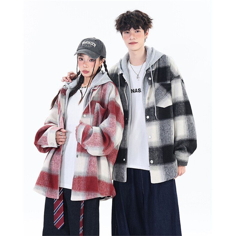 潮宽松连帽格子假两件情侣长袖外套XZ402-2-P78控98-JK2506大货足，女装短外套，星座402-2