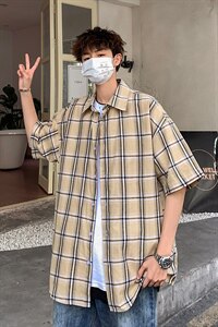 21年夏季短袖衬衫男宽松落肩港风格子衬衫男DS-C407-CS307-P35图片