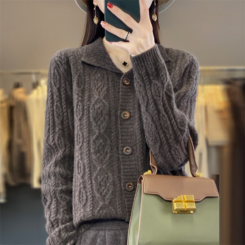 秋冬翻领100%羊毛衫绞花开衫女加厚宽松慵懒长袖羊绒针织外套上衣,女装羊毛衫,昭美羊绒