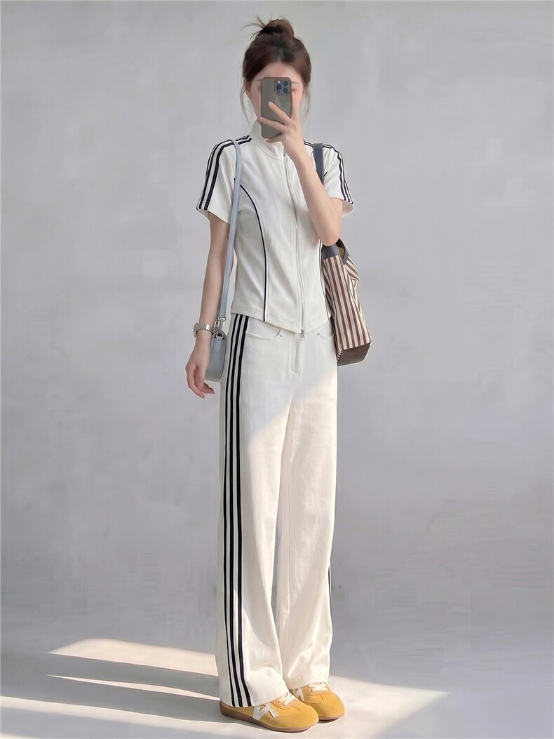 盐系高级感休闲运动时尚套装女夏季减龄开衫短袖上衣阔腿裤两件套,女装套装/套裙,江南