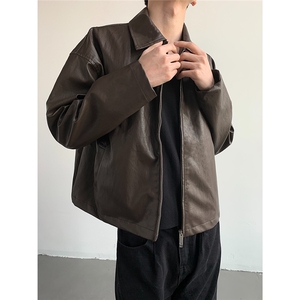 W643-P64 痞帅Pu皮衣小众设计感潮牌双拉链垫肩皮夹克图片