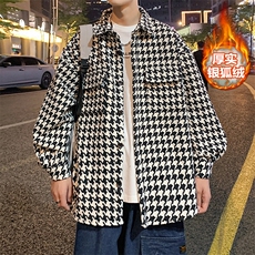 冬款宽松大码夹克男千鸟格翻领加绒加厚毛呢外套J25861J加绒-P80，男装夹克，电商A001-1