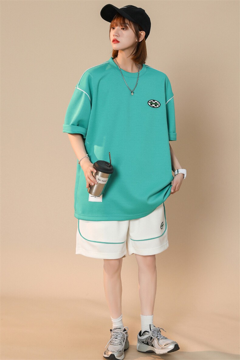 2024夏装港风潮绣标休闲短袖T恤两件套套装男女8046-P78控价98,男装T恤,电商A441-1