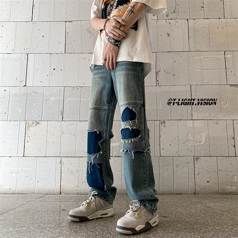 B221美式ins高街暗黑小众撞色破洞直筒牛仔裤LK23109-P65控88,男装牛仔裤,电商B221