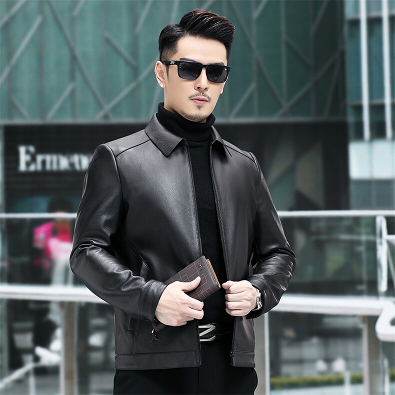 春秋新款男士皮衣男山羊皮外套翻领商务爸爸装休闲夹克P600，男装皮衣，电商B360