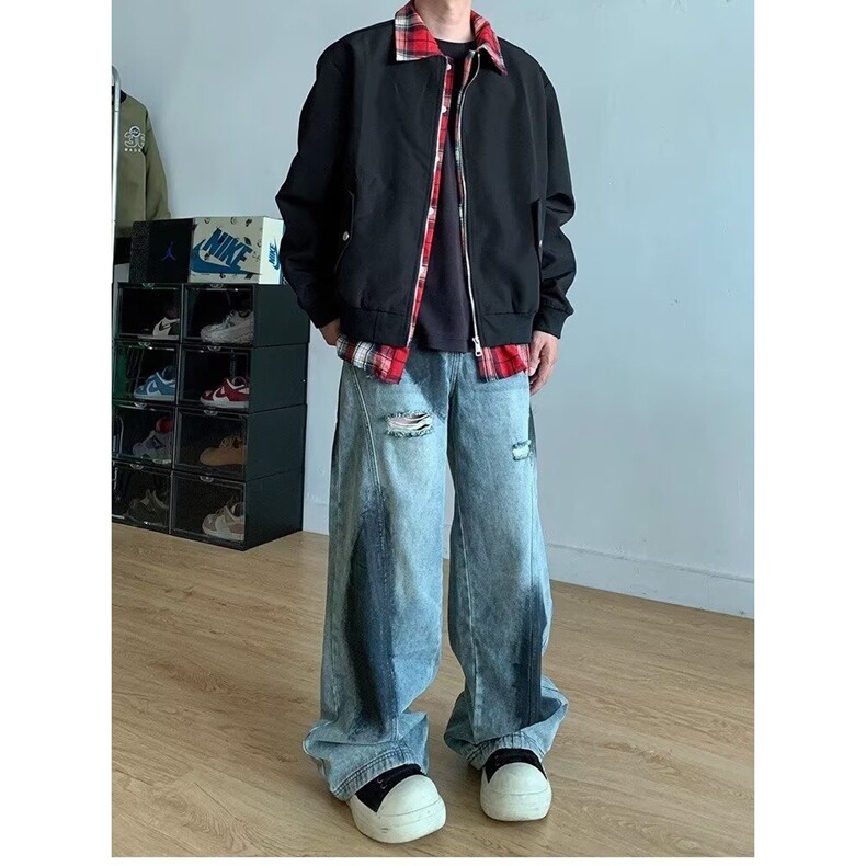 格子拼接假两件外套男潮牌设计感痞帅翻领夹克春季时尚情侣棒球服,男装夹克,星座218-8