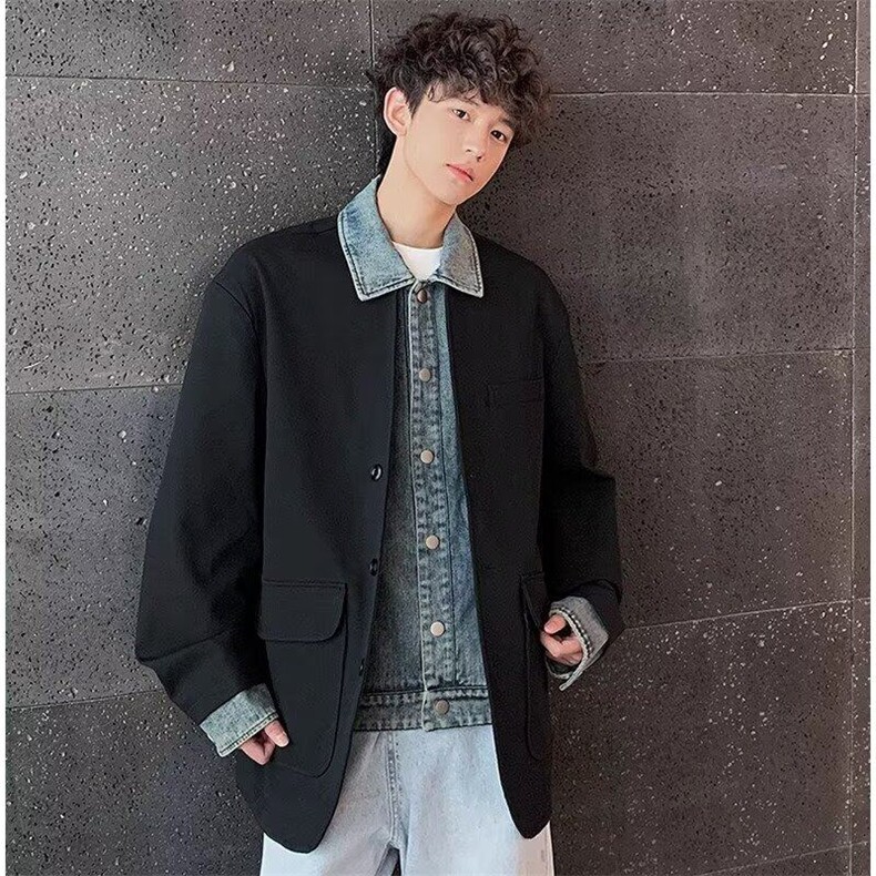 网络图牛仔拼接西装夹克上衣2025春款翻领外套XZ212-QJK288-P85,男装夹克,星座212