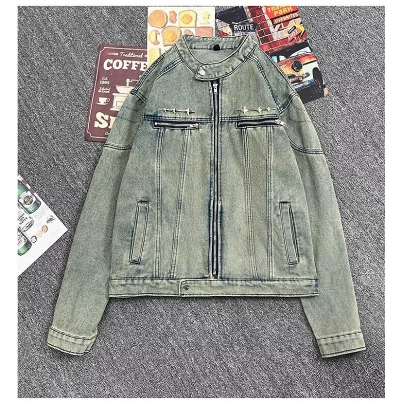 得物品质秋款男立领牛仔夹克金属十字架宽松休闲外套JK051P75,男装夹克,星座1013-1
