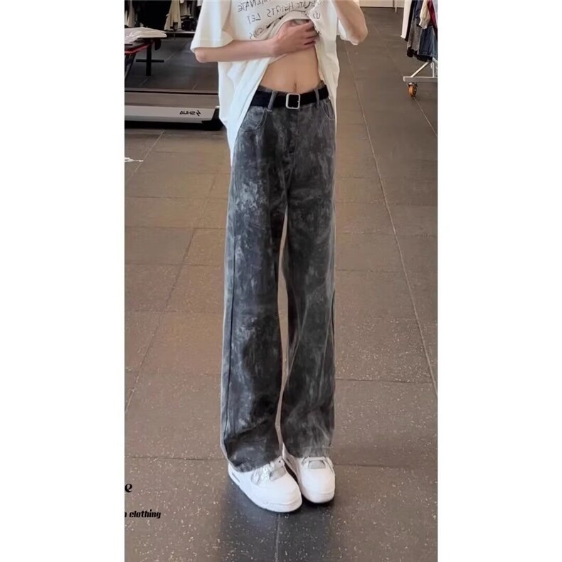 水墨扎染迷彩牛仔裤男款美式高街vibe弯刀裤子修身直筒微喇脏脏裤,男装牛仔裤,四季星座505