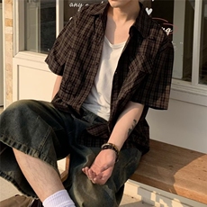 2025夏季格子短袖衬衫男士宽松潮流原创设计师款休闲美式复古衬衣，男装衬衫，星座506A