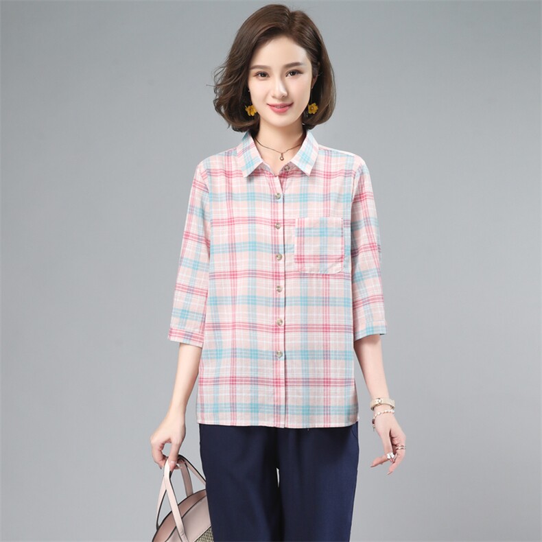 纯棉格子衬衣女款2025新款爆款春秋中老年女士衬衫长袖上衣，女装衬衫，奕阳依阁