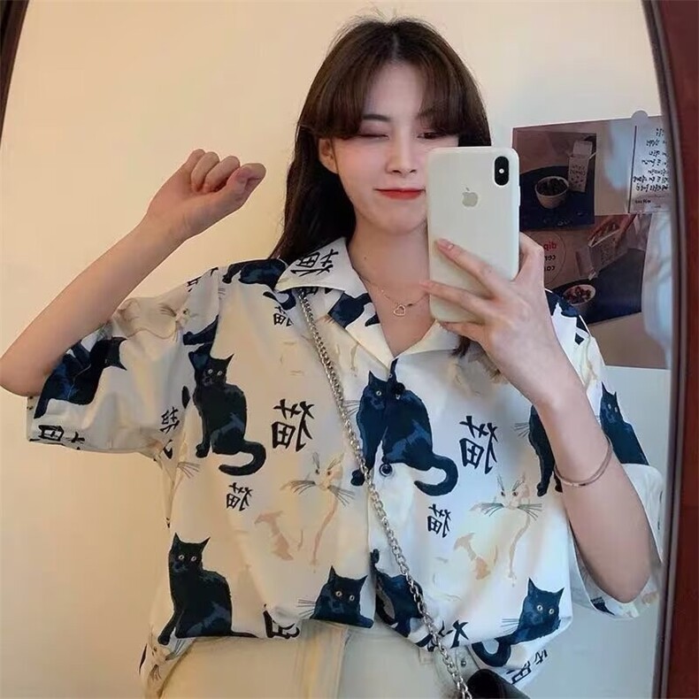 夏季2025新款复古港味宽松碎花西装领单排扣中长款短袖衬衫上衣女,男装衬衫,星座506A