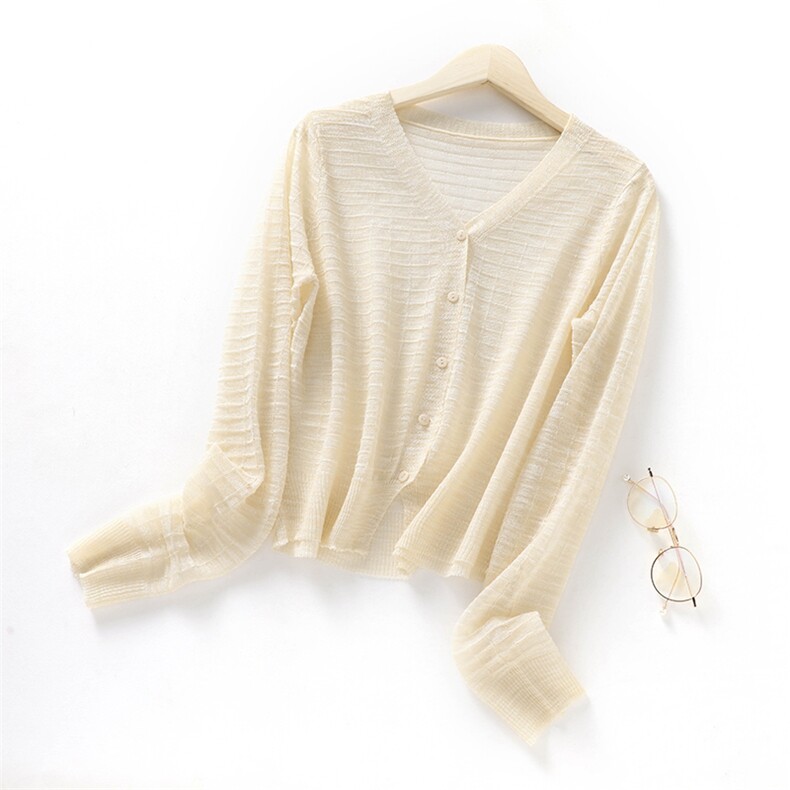 冰丝开衫女V领亚麻透外套防晒衣配裙子宽松外搭披肩薄空调衫上衣，女装蕾丝衫/雪纺衫，北娇羊绒