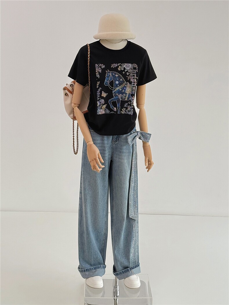 简约个性休闲时尚套装女夏季新款印花烫钻短袖上衣牛仔长裤两件套,女装套装/套裙,江南