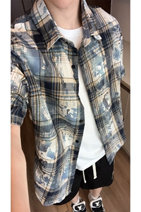 美式扎染格子衬衫短袖男女同款夏季衬衣半袖外套DC2240-特价P25图片