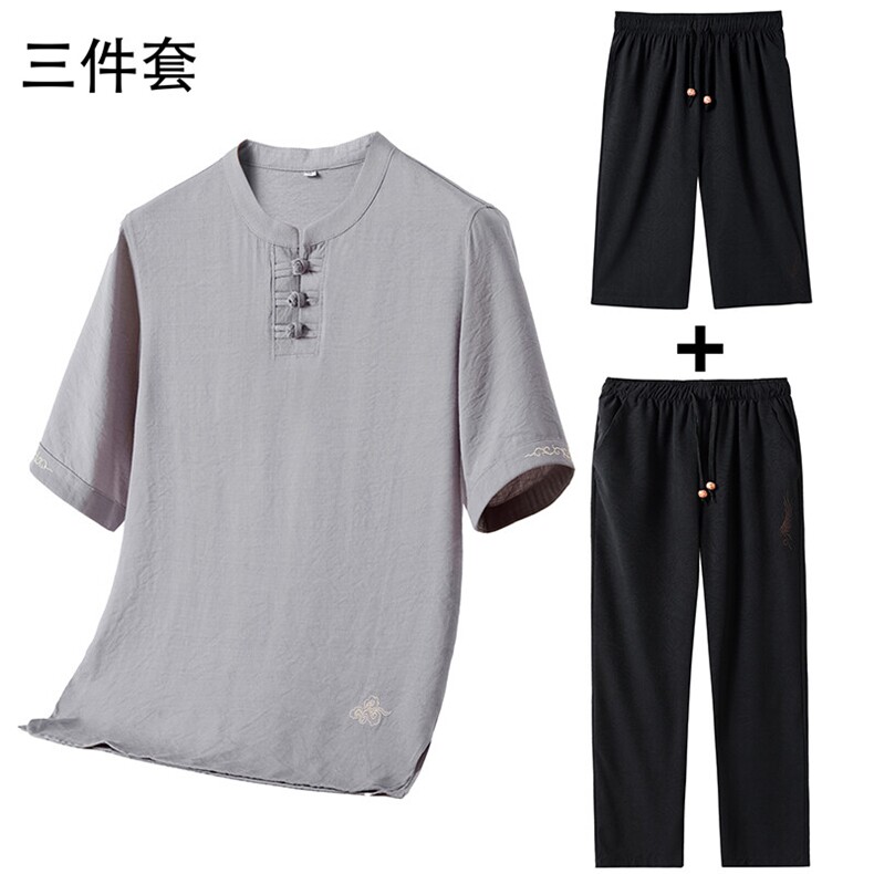 2025夏季亚麻绣花大码风男士透气长裤+短裤三件套MJ5105C-P125,男装牛仔裤,星座1105-3