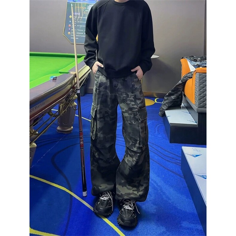 美式复古vibe迷彩多口袋工装牛仔裤直筒宽松阔腿坠感裤潮FK01P55,男装牛仔裤,电商D256