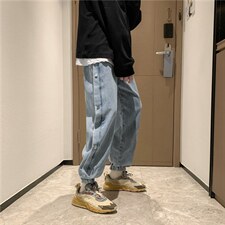 主推 秋季宽松束脚牛仔裤百搭侧边排扣束脚长裤男k190-p40 控价59图片