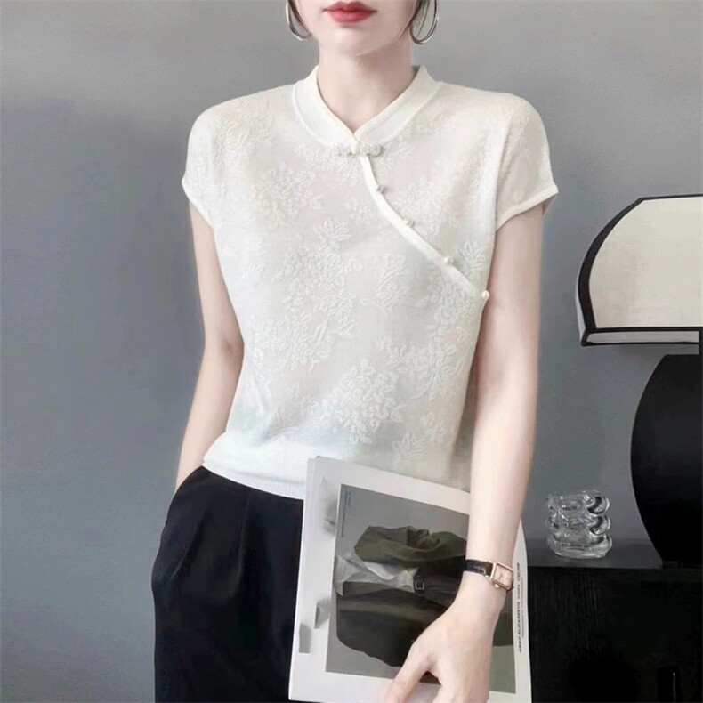 中式复古盘扣薄款天丝短袖T恤女夏季宽松提花图片
