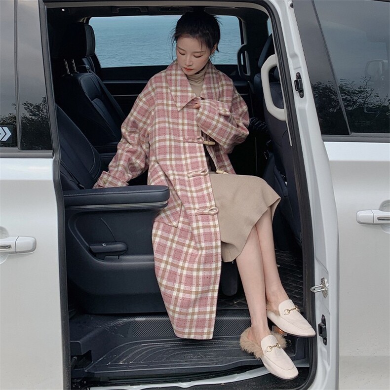 现货，2022新款粉色加厚格子长款毛呢大衣P185-K258,女装连衣裙,浙宝276（原081）