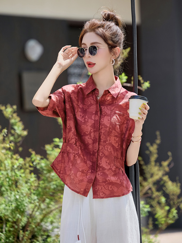 时尚大码女2025夏季高级感妈妈装天丝衬衫超好看宽松遮肉印花上衣,女装衬衫,余墨