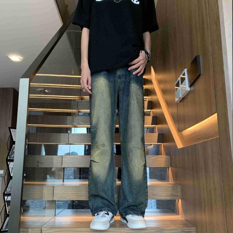 闪电纹高腰微喇直筒牛仔裤男款裤子美式高街vibe阔腿裤KA1137-P46，男装牛仔裤，星座208-5