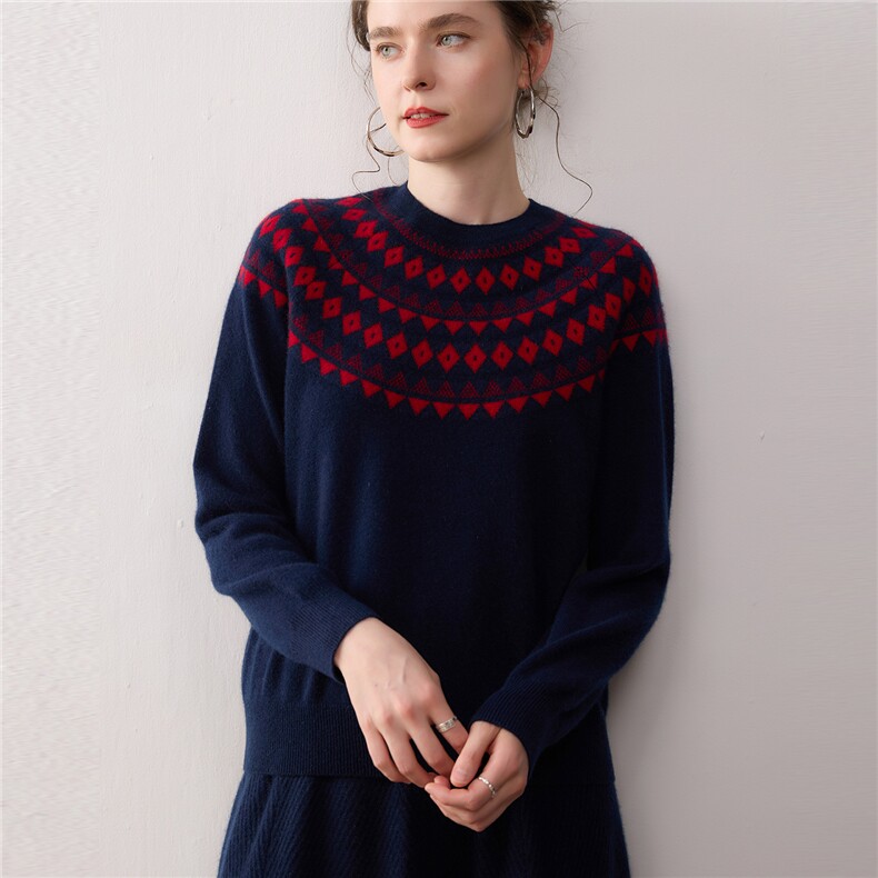 新款秋冬100%纯山羊绒衫女圆领针织衫宽松毛衣套头打底衫费尔岛，女装针织衫/毛衣，暖绒情旗舰店