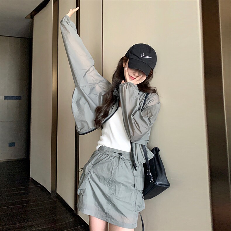 2025夏季新款宽松轻薄运动风外套防晒衣套装今年流行工装半身裙女,女装套装/套裙,纯色衣恋