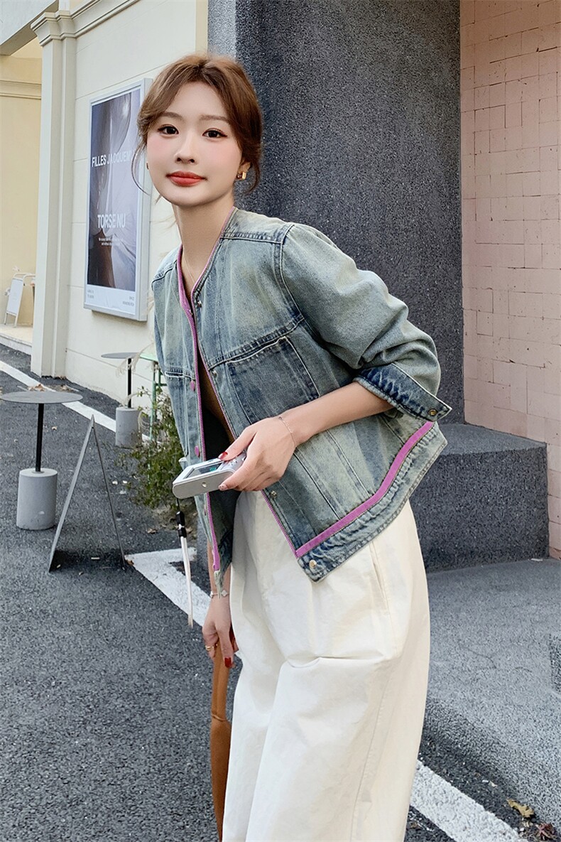 韩版休闲圆领撞色牛仔外套女2025早春新款小个子减龄宽松夹克上衣,女装牛仔外套,蝶眷