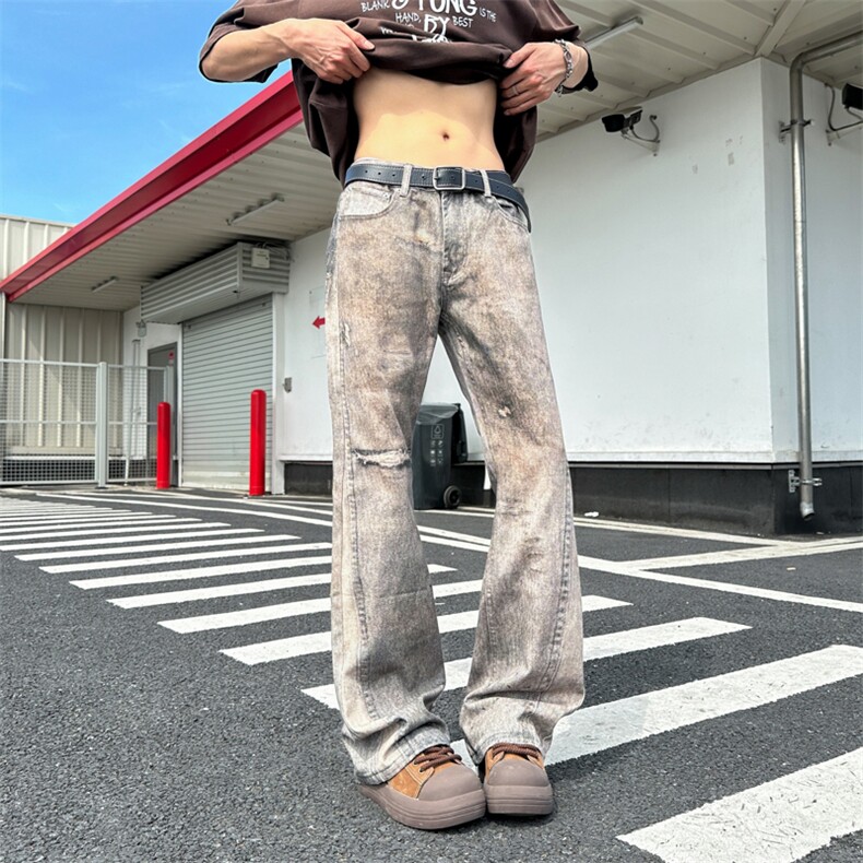 美式高街3D打印废土风直筒微喇vibe牛仔裤春秋季新款破洞痞帅裤子,男装牛仔裤,星座601-1
