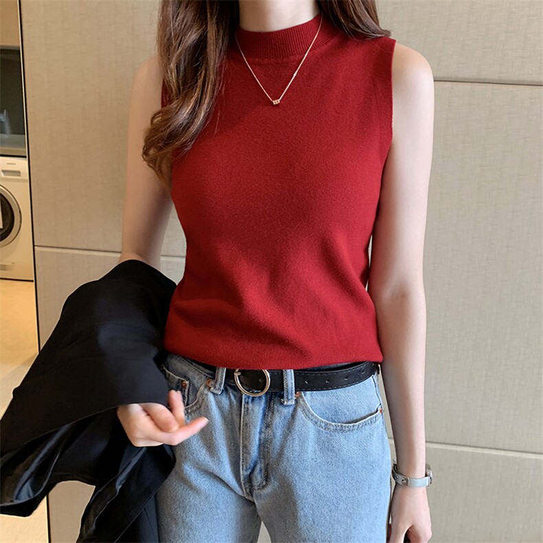 春夏半高领打底衫毛衣无袖针织上衣加厚内搭小吊带外穿背心,女装背心吊带,美吧服饰