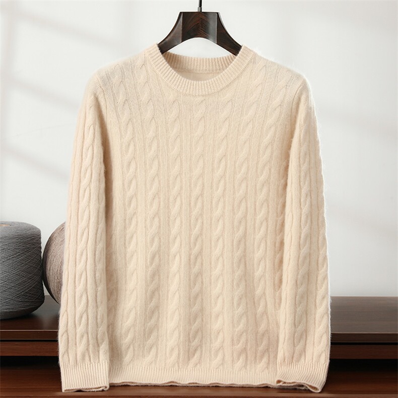 秋冬新款纯色圆领麻花针织套头上衣，男装针织衫/毛衣，隆格羊绒