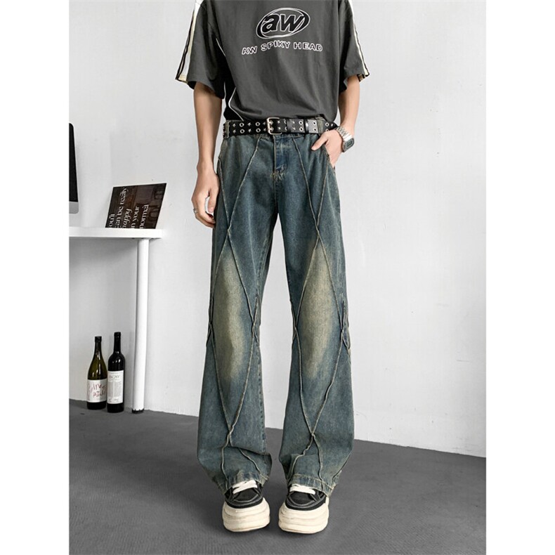 美式复古水洗拼接牛仔裤潮牌休闲设计感微喇裤，男装牛仔裤，星座410-6（原星座1304-1）