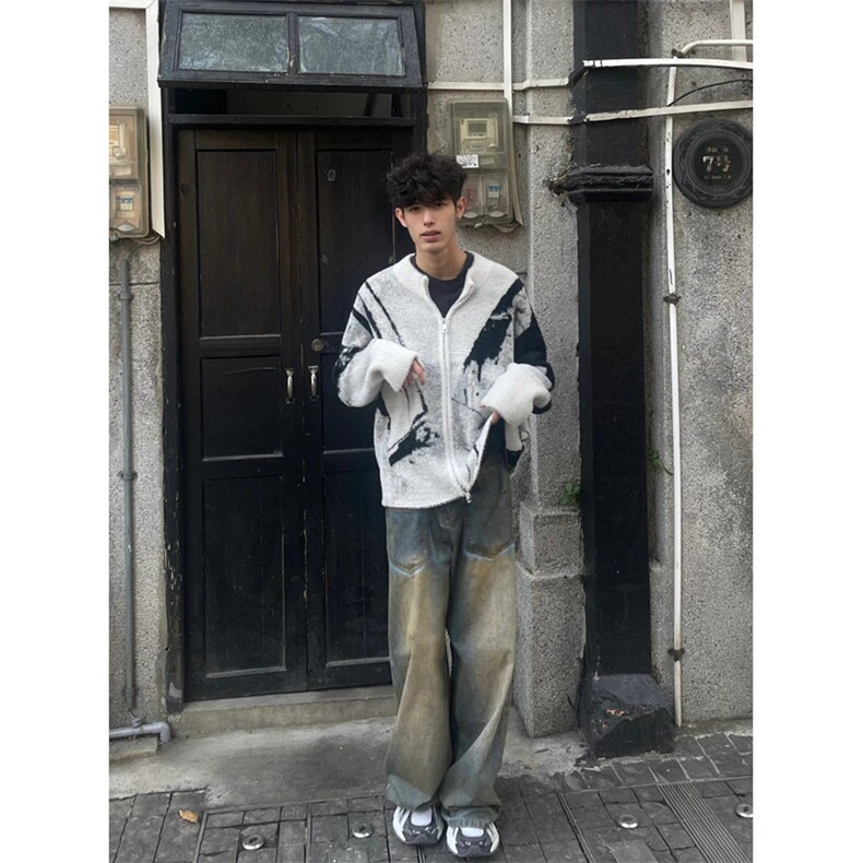 刺绣渐变毛衣开衫外套秋冬男vintage慵懒风拉链针织衫MY305,男装针织衫/毛衣,星座1116A（原606A-3）