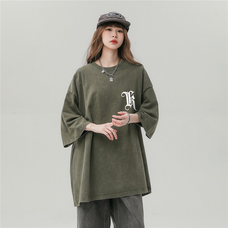 中性风 23夏季新款水洗印花美式复古百搭体恤五分袖DT1008P38控58图片