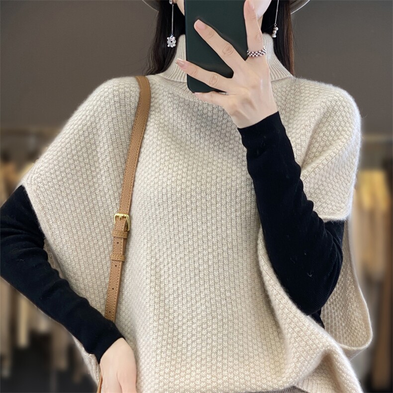 秋冬新款100%羊毛衫马甲女高领蝙蝠袖坎肩宽松慵懒羊绒衫针织毛衣,女装羊毛衫,迅太羊绒